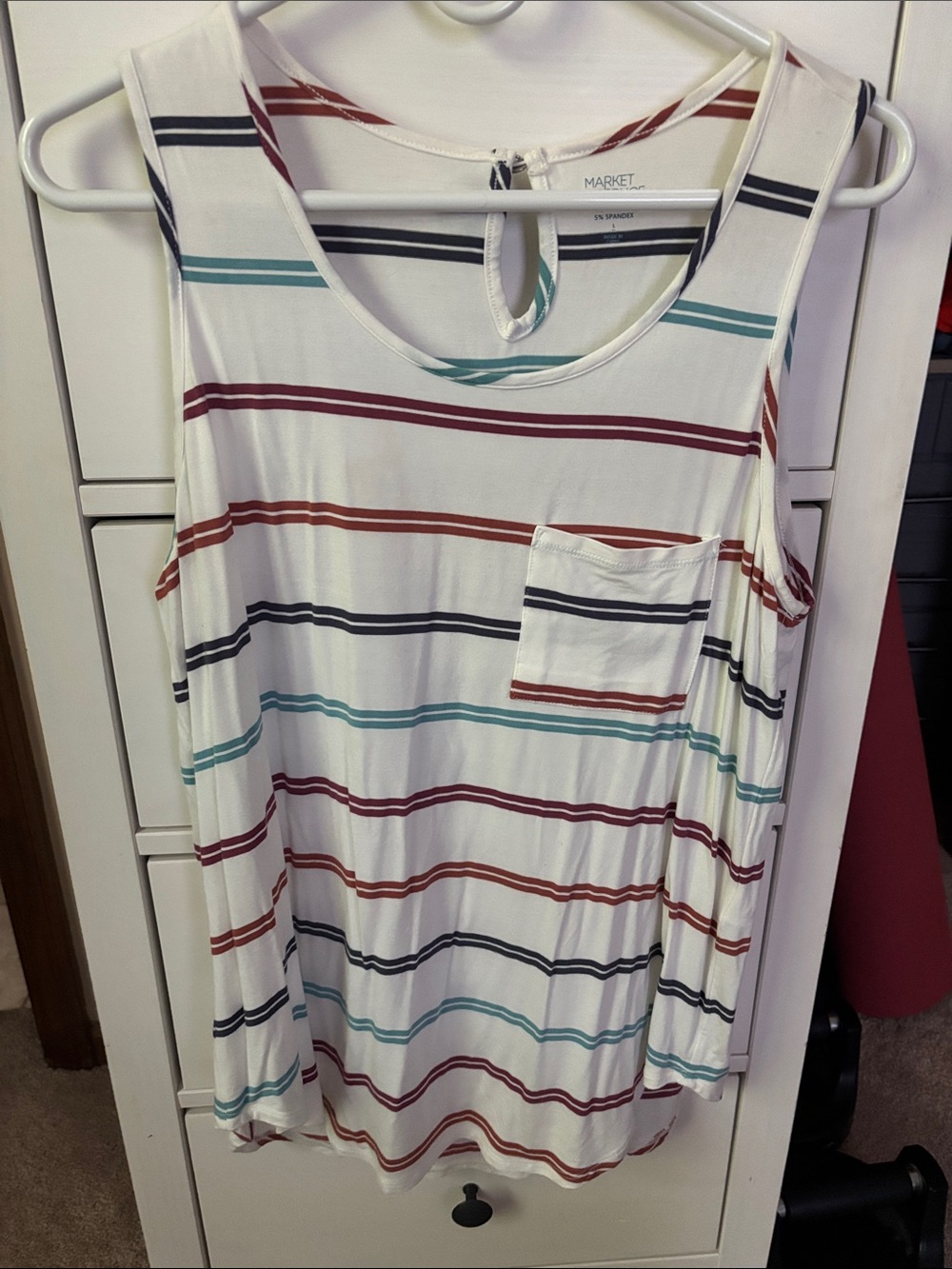 Market & Spruce White Striped Sleeveless Pocket Tank with Teal, Navy & Rust